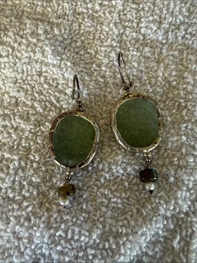 Green Stone Drop Earrings - Silver Tone